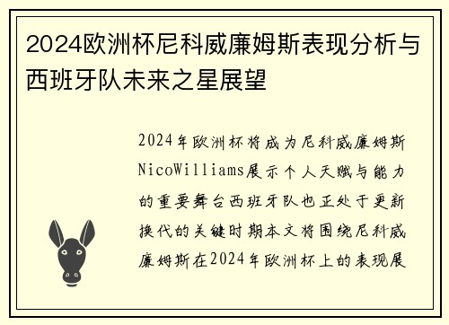 2024欧洲杯尼科威廉姆斯表现分析与西班牙队未来之星展望