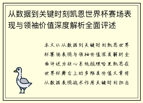 从数据到关键时刻凯恩世界杯赛场表现与领袖价值深度解析全面评述